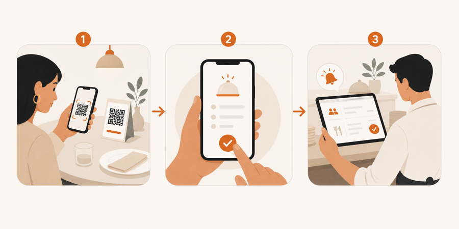 Three-step flow from table QR scan to bill request and staff checkout preparation.