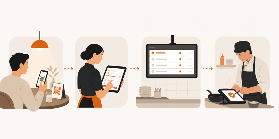 A small restaurant flow where a table order is reviewed by staff before it appears on the kitchen screen.