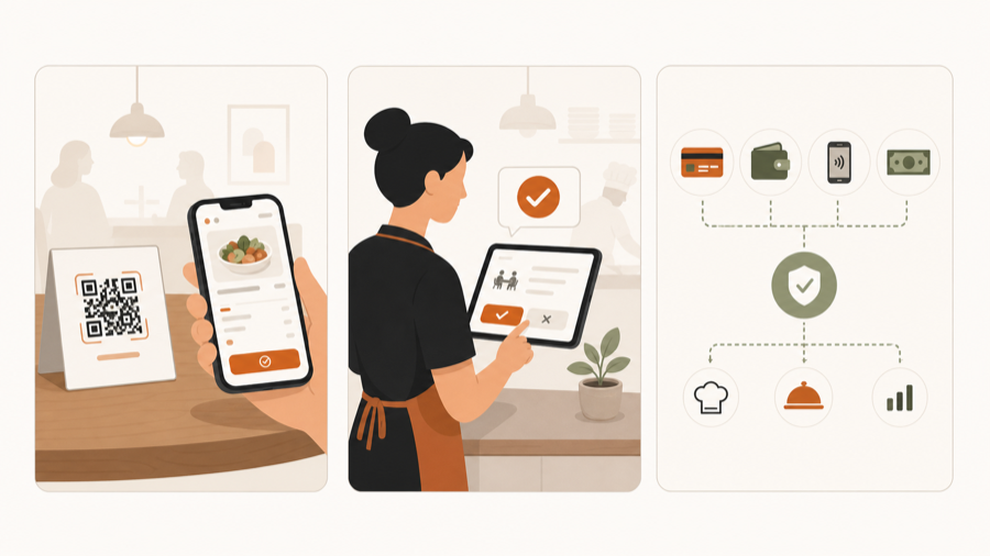 Restaurant payment flow with QR code, phone checkout, staff review, and flexible payment options.