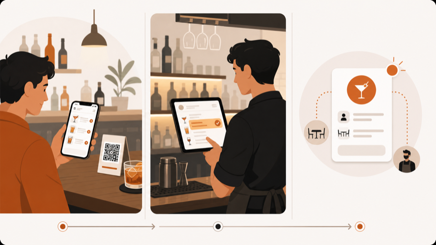 A bar QR flow where guests reorder drinks, staff reviews the request, and table context stays connected.