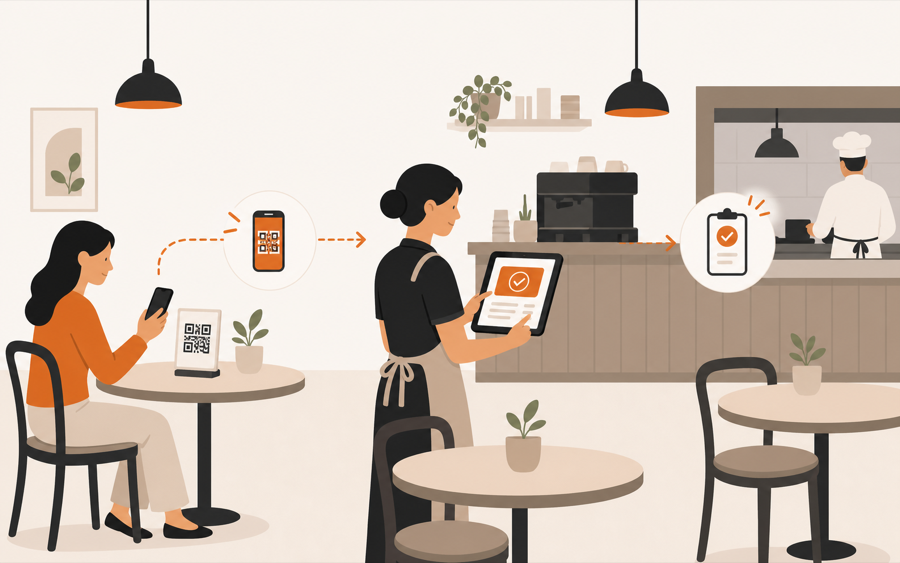 A cafe table QR code connected to staff review and counter handoff.