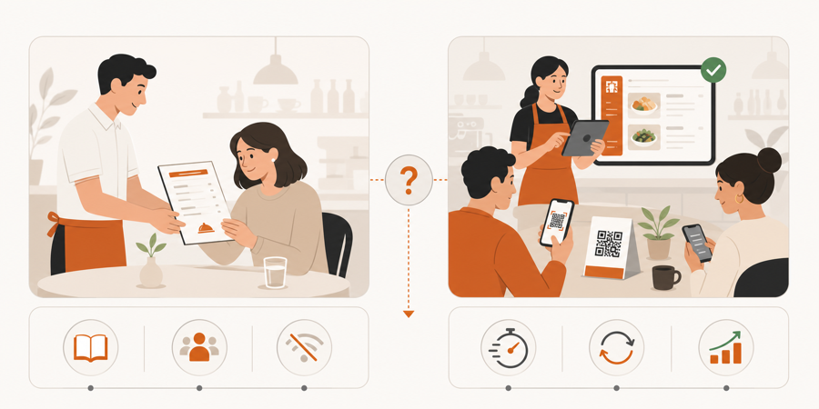 A paper menu, table QR stand, and phone-friendly QR menu working together at a restaurant table.