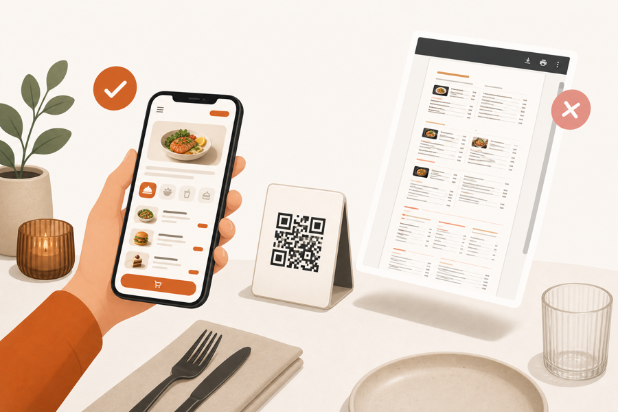 A phone-friendly QR menu beside a hard-to-read PDF menu.