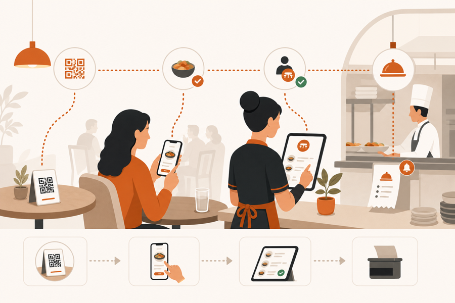 A table scan connected to guest action, staff context, and kitchen work.
