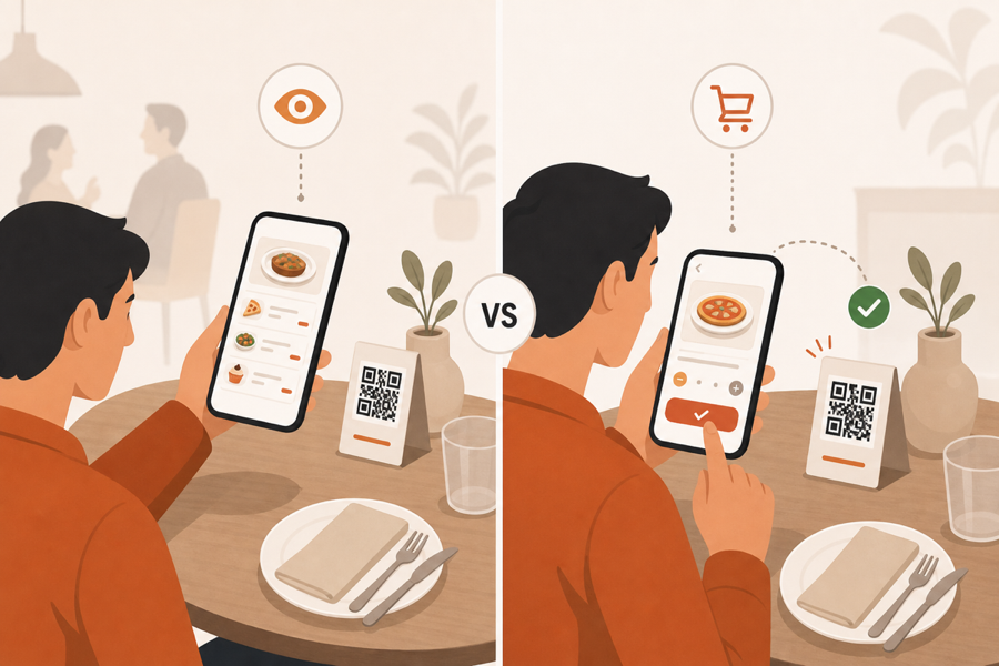 A guest moving from reading a QR menu to taking action from the table.