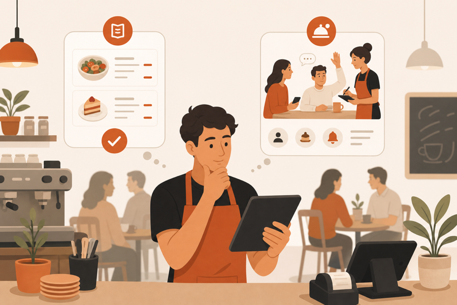 A busy cafe where staff keeps table context while guests use QR ordering.