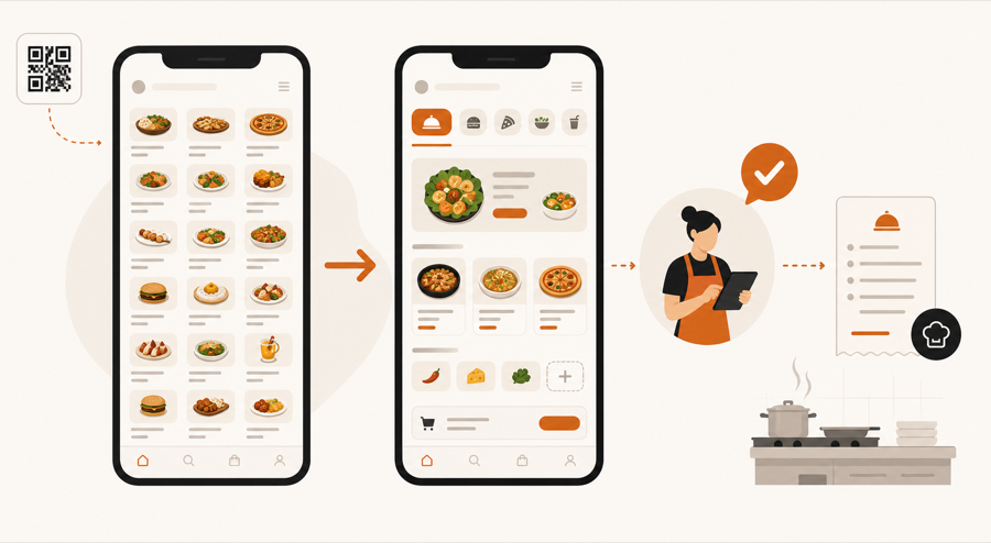 A QR menu layout moving from a crowded list to a clearer guest choice flow with staff review and kitchen handoff.