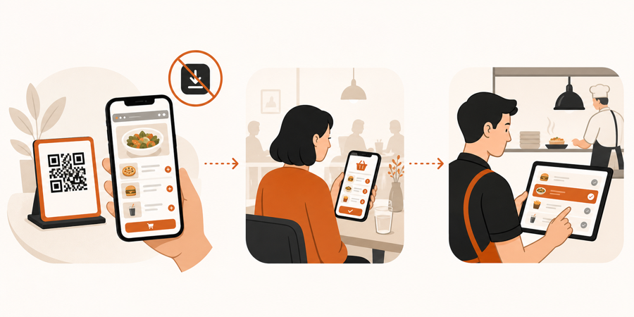 A guest opens a browser-based QR ordering flow, sends a table request, and staff reviews it before kitchen work starts.