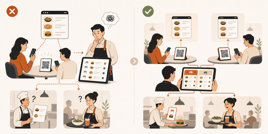 A generic QR link creates mixed requests, while table-aware QR codes route each request to the right table card.
