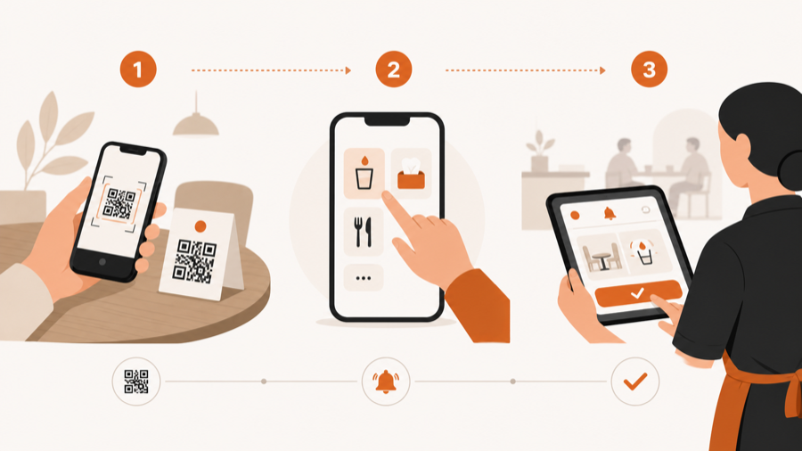 Three steps from table QR scan to service request and staff resolution.