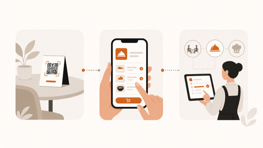 A table QR code opens a digital menu, while the restaurant workflow stays separate.