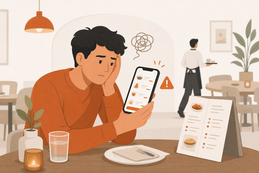 A guest frustrated by a confusing QR menu experience.