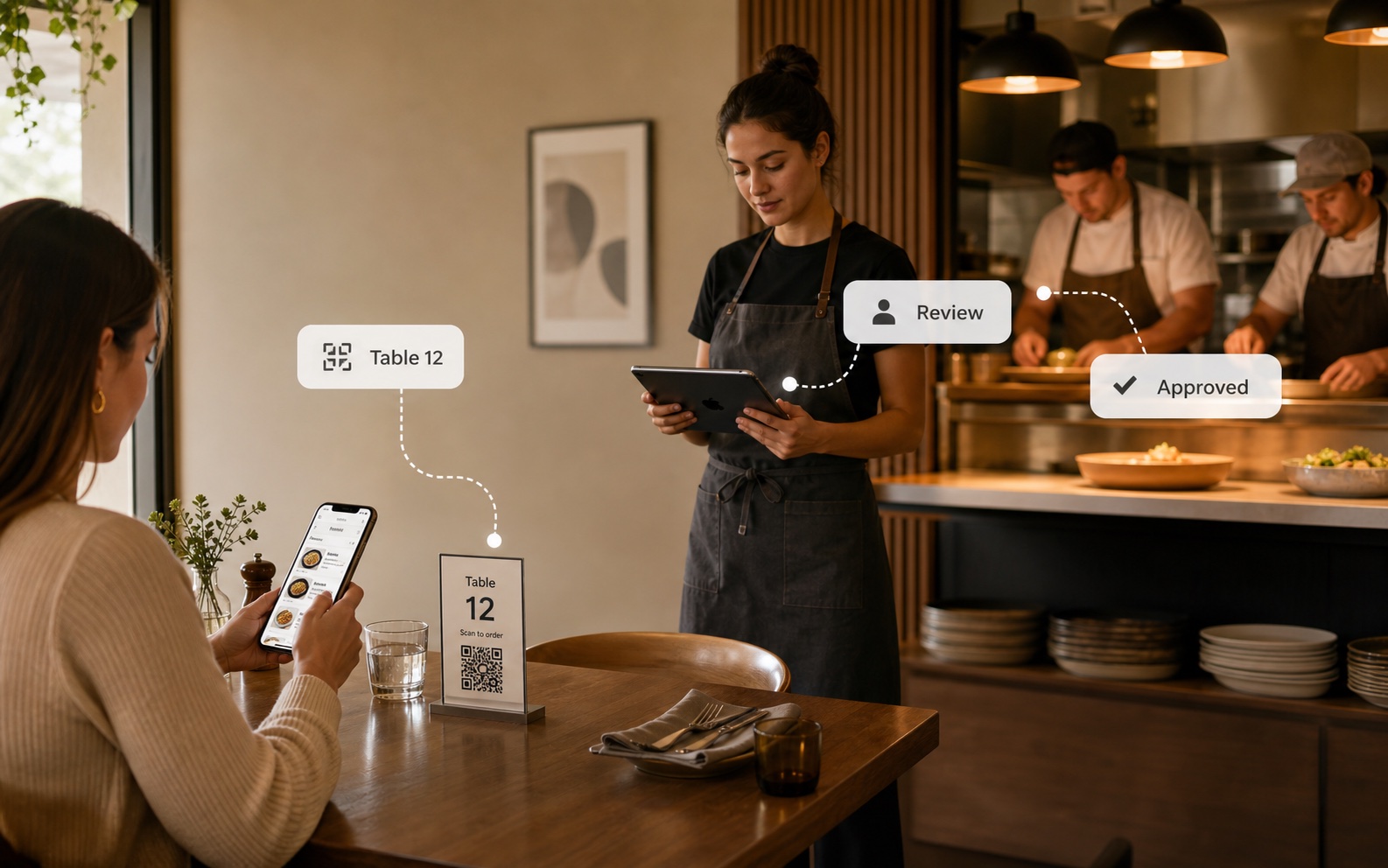 Restaurant guest QR order staying connected to table context, staff review, and kitchen handoff