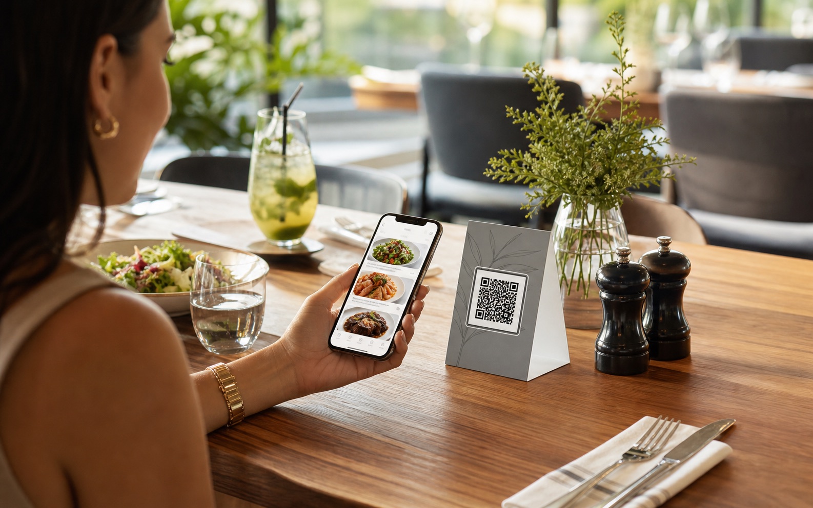 Restaurant guest scanning a table QR menu on a phone