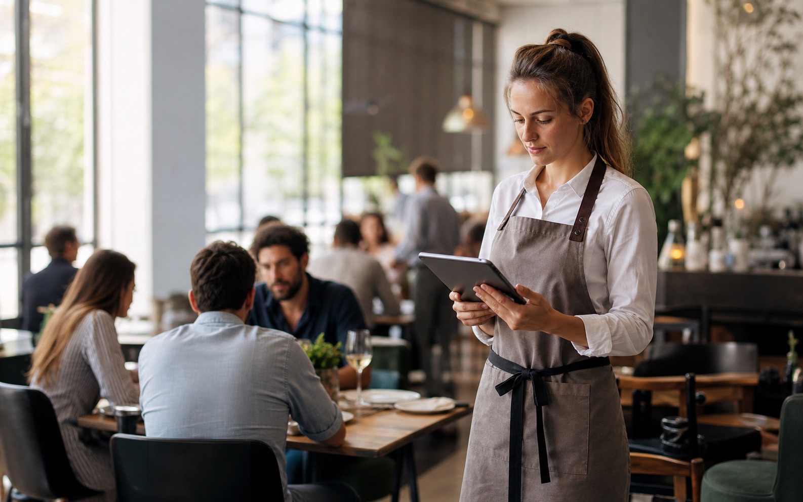 Staff member using MenuSuite on a tablet during restaurant service