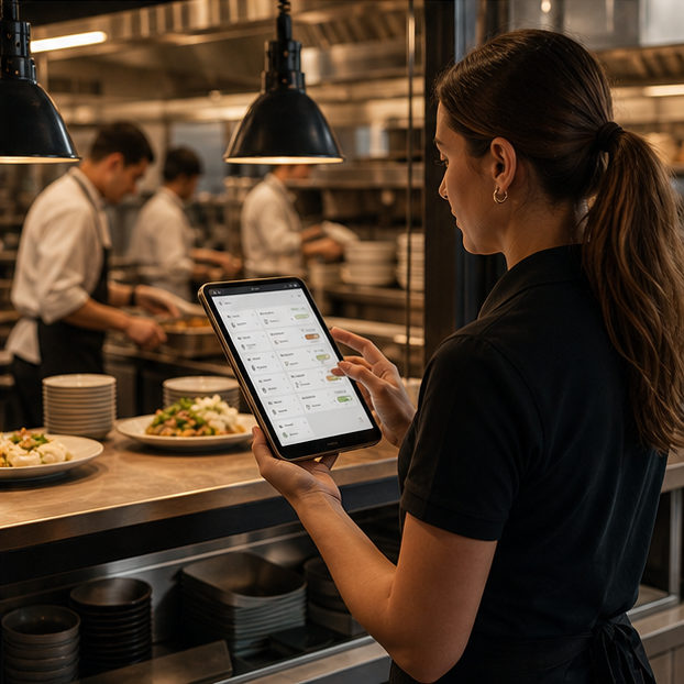 Staff reviewing order approval on a tablet near the kitchen pass