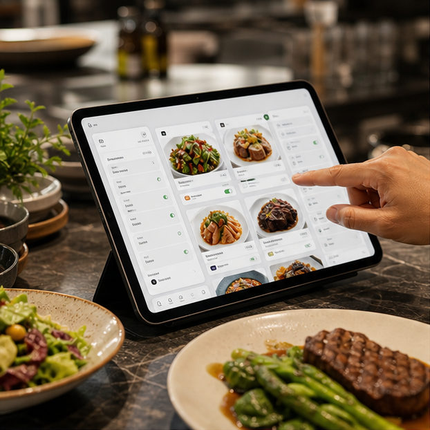 Tablet menu editor with food item cards in a restaurant setting