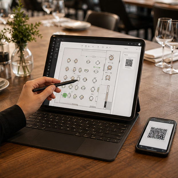 Restaurant floor plan and QR asset setup on a tablet