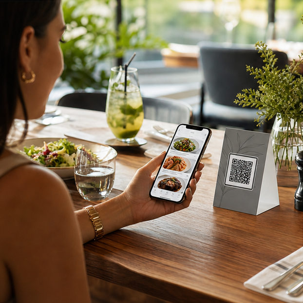 Guest opening a QR menu from a restaurant table
