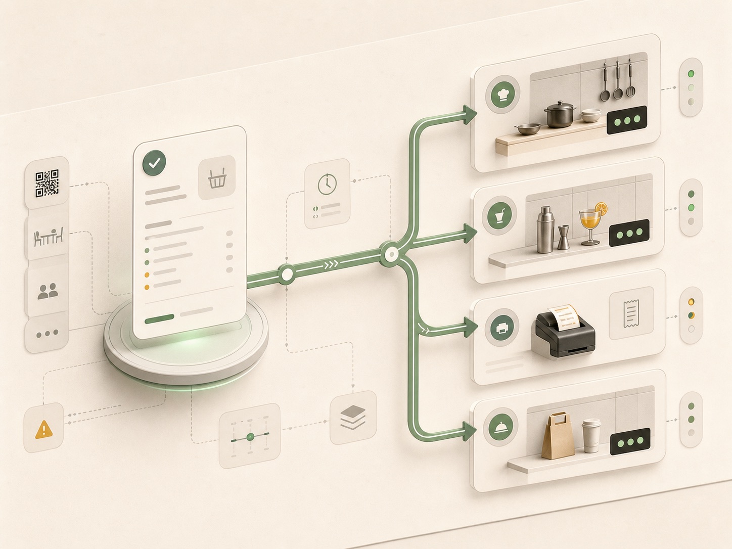 Technical illustration of approved orders routing to kitchen bar receipt and handoff stations