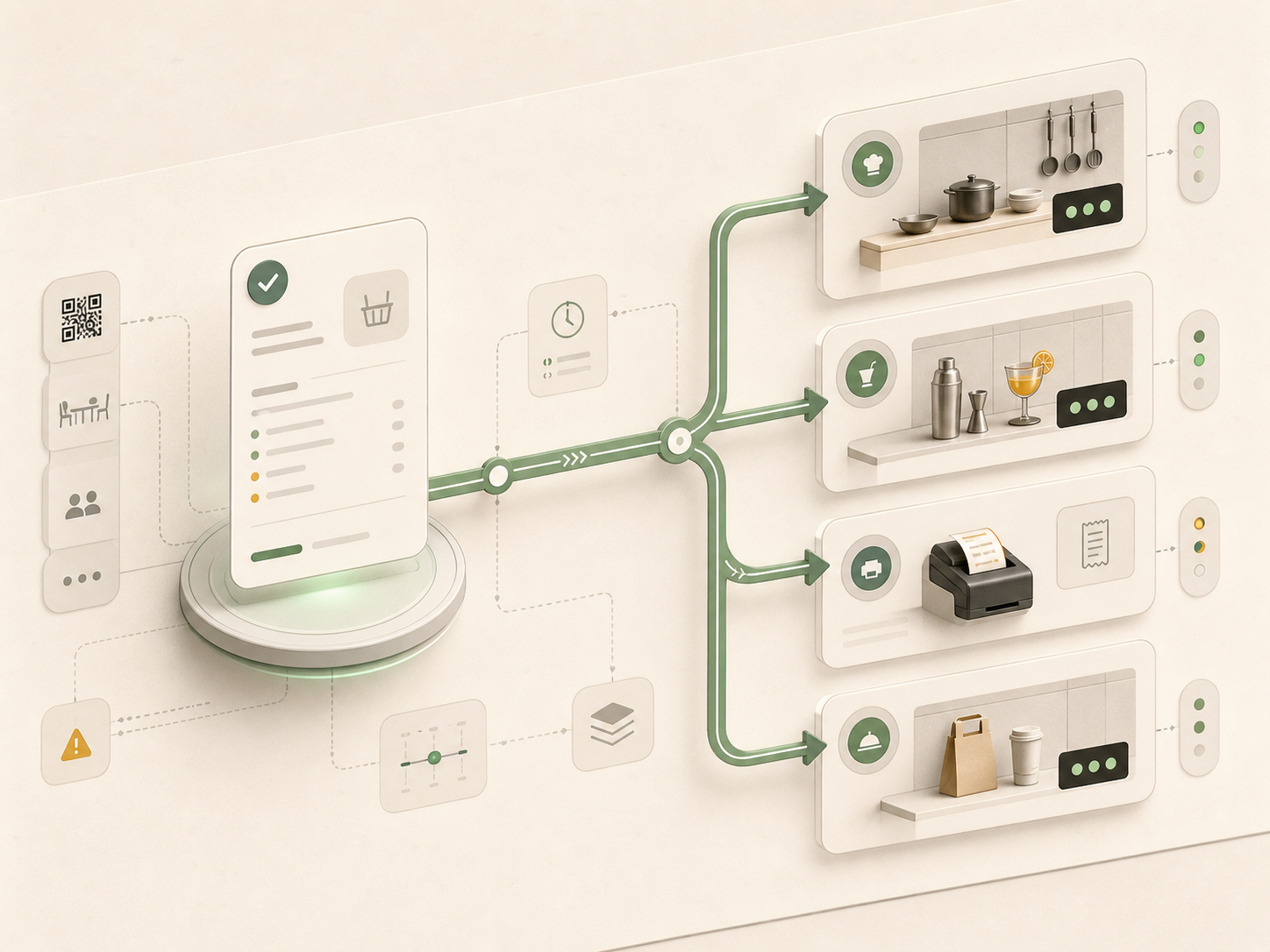 Technical illustration of approved orders routing to kitchen bar receipt and handoff stations