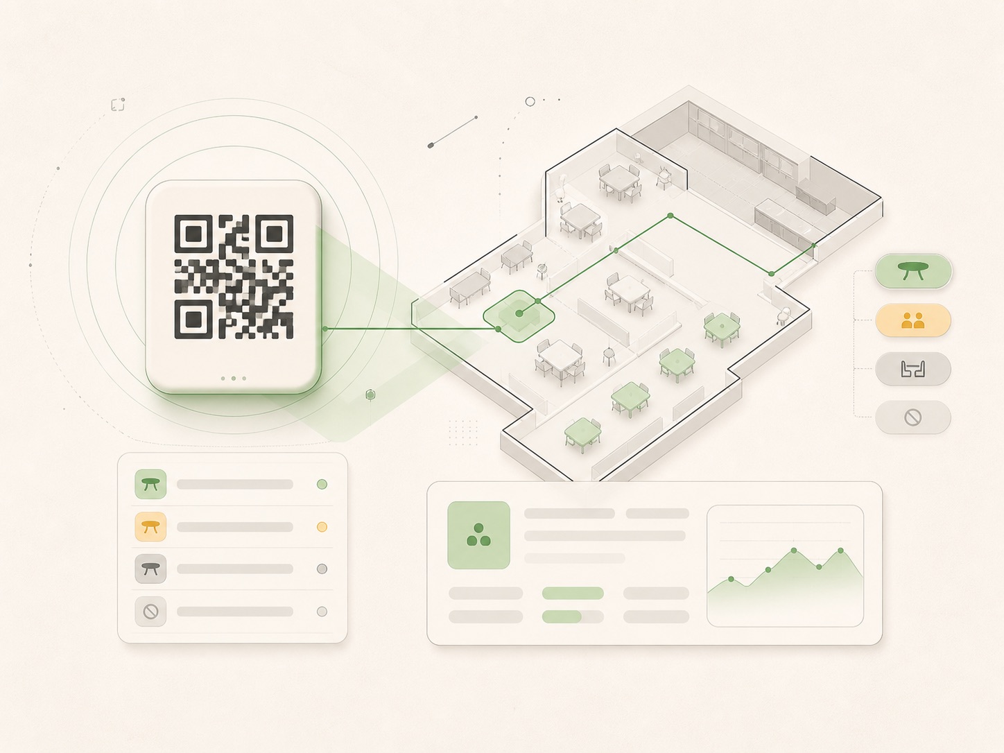 Technical illustration of a QR scan becoming table-aware restaurant context