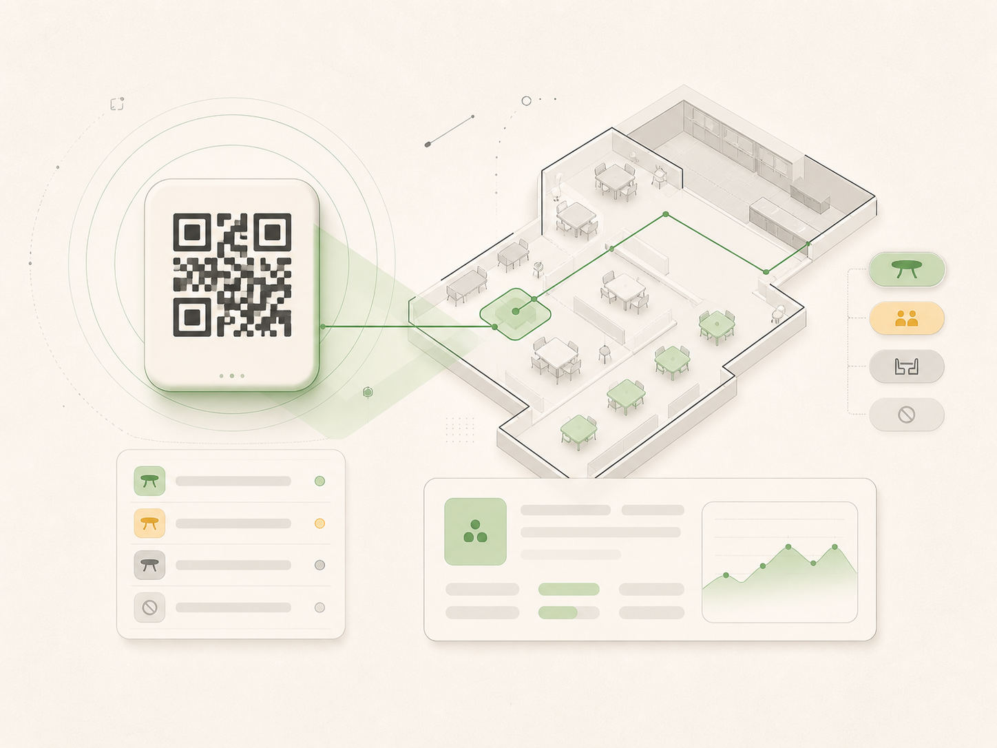 Technical illustration of a QR scan becoming table-aware restaurant context