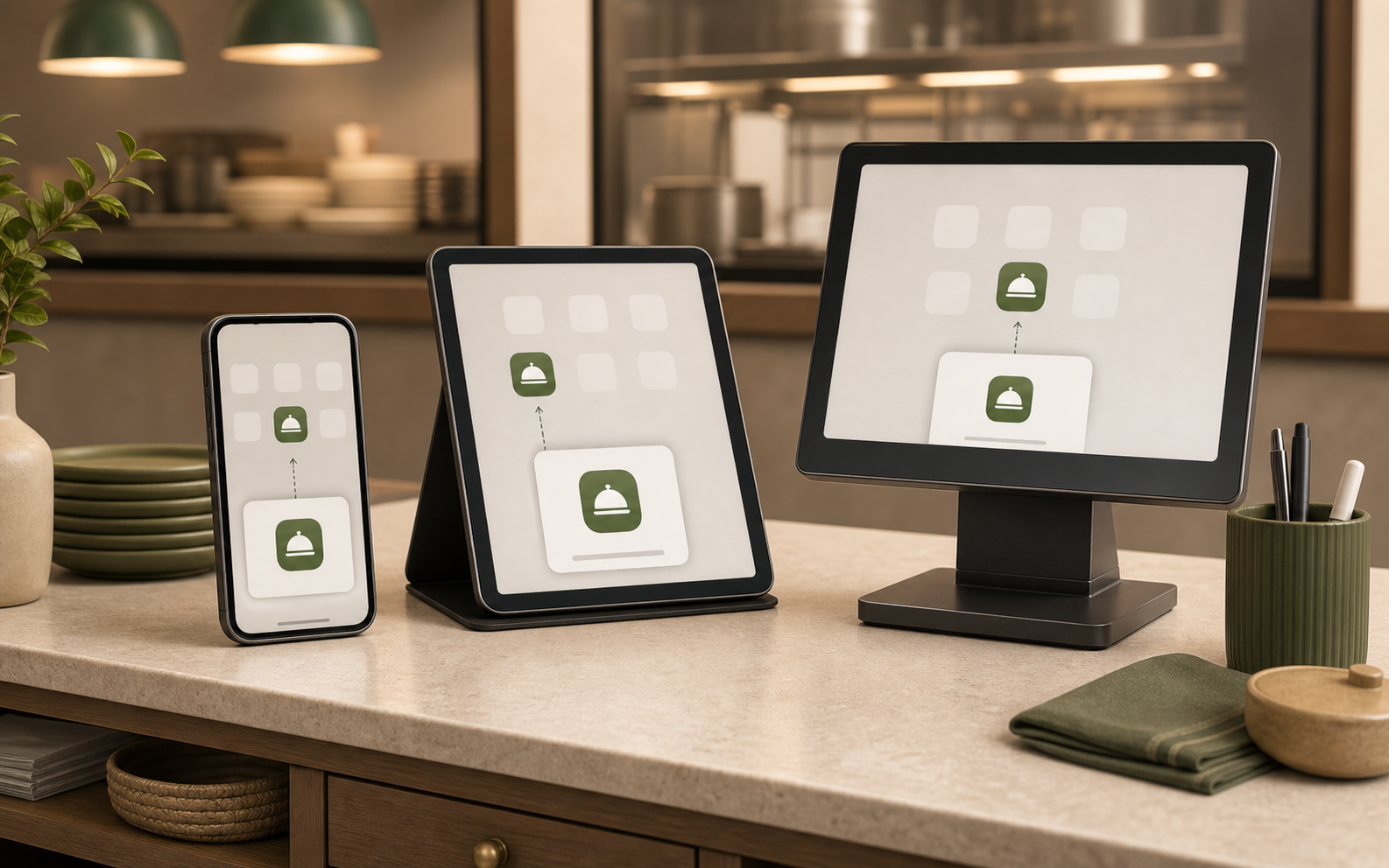 Staff devices showing MenuSuite as an installed app icon across phone tablet and counter display