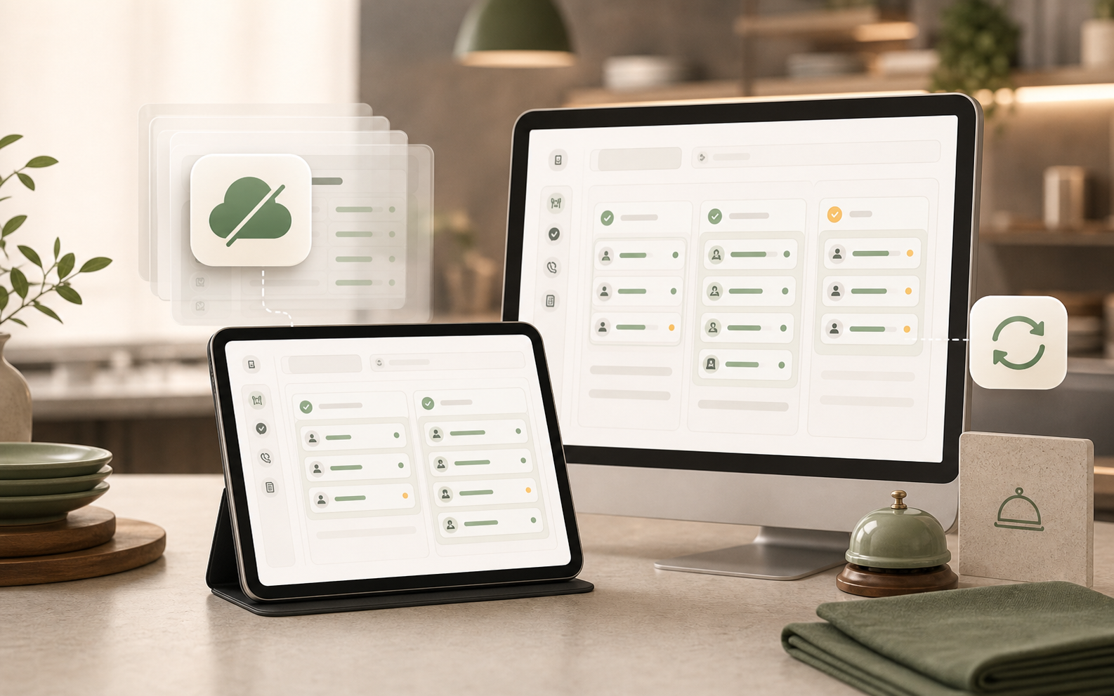 Restaurant staff shift boards on tablet and desktop with cached offline state and sync indicator