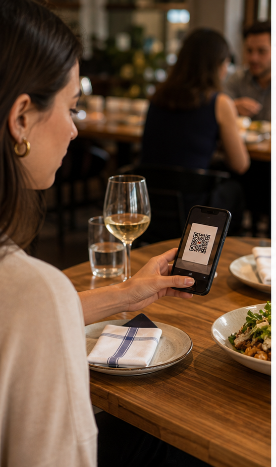 Restaurant guest scanning a table QR code with a phone