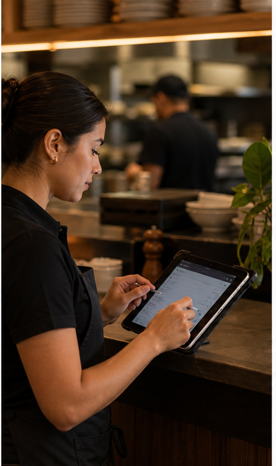 Restaurant staff reviewing service work on a tablet near the kitchen