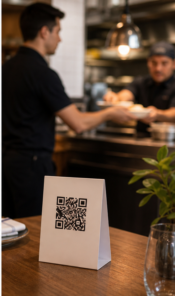 Printed QR menu card with restaurant staff and kitchen handoff in the background